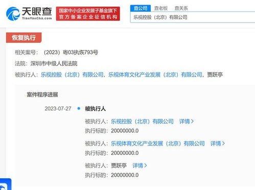贾跃亭及乐视被恢复执行2000万
